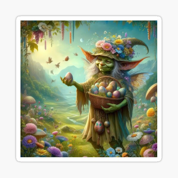 Item preview, Female goblin with a basket of Easter eggs happy fantasy easter landscape designed and sold by Expressions-Sel.