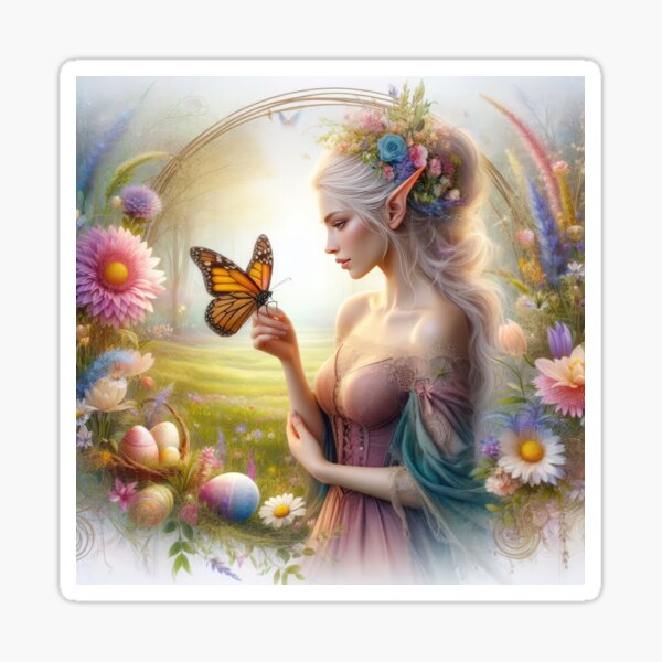 Item preview, Elf with a butterfly in the forest happy fantasy easter landscape designed and sold by Expressions-Sel.