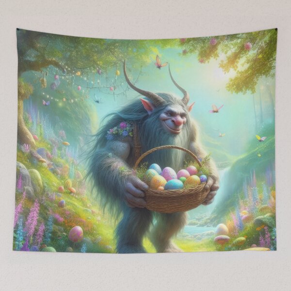 Item preview, Troll with a basket of eggs in the forest happy fantasy easter landscape designed and sold by Expressions-Sel.