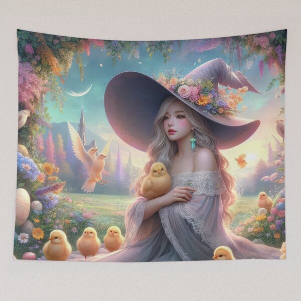 Item preview, beautiful witch with chicks in the woods happy fantasy easter landscape designed and sold by Expressions-Sel.