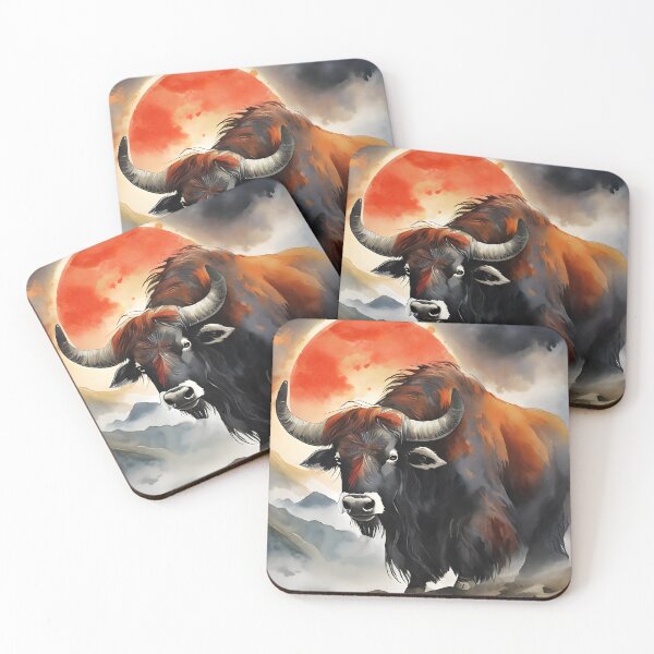 Item preview, Yak ox standing against red sun, clouds and halo background wild animal designed and sold by Meena-tta.