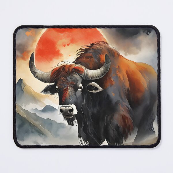 Item preview, Yak ox standing against red sun, clouds and halo background wild animal designed and sold by Meena-tta.