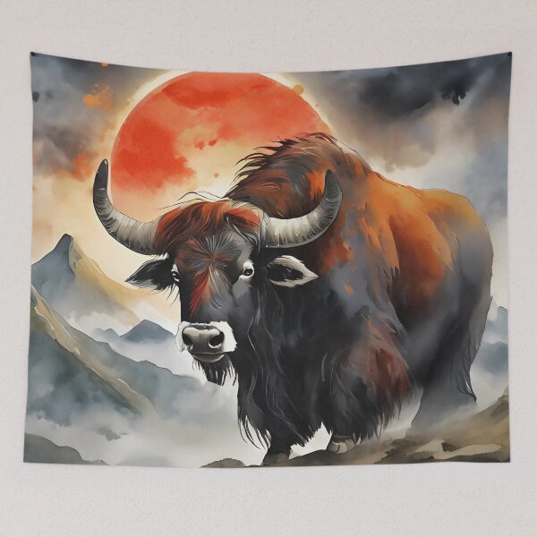 Item preview, Yak ox standing against red sun, clouds and halo background wild animal designed and sold by Meena-tta.