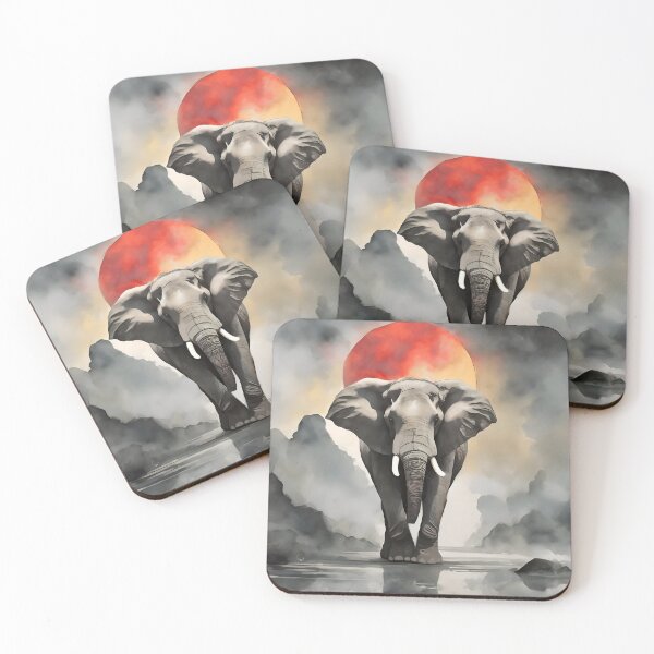 Item preview, Elephant emerging through horizon with reflection and red sun, clouds and halo designed and sold by Meena-tta.