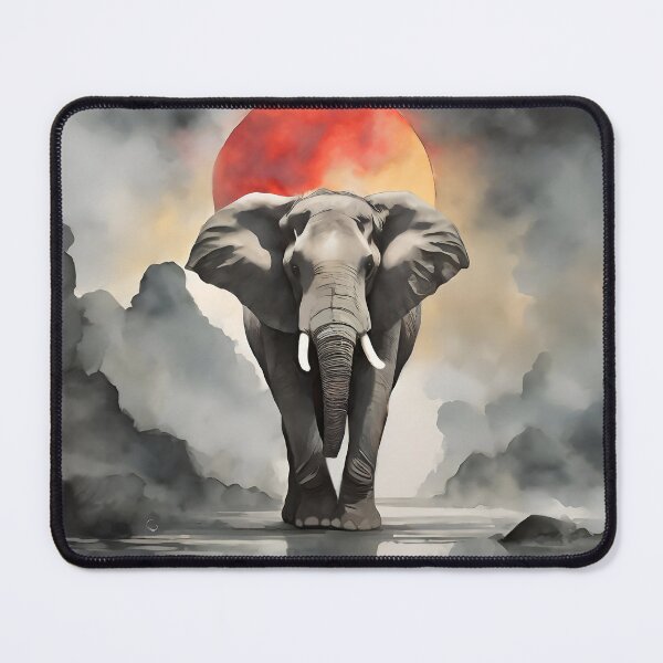 Item preview, Elephant emerging through horizon with reflection and red sun, clouds and halo designed and sold by Meena-tta.