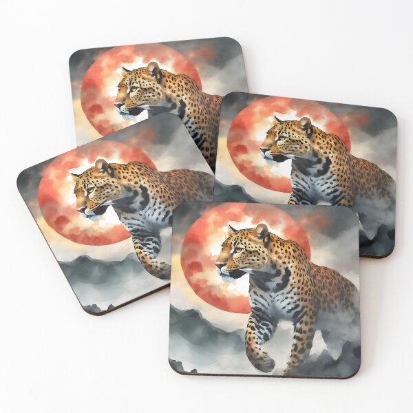 Item preview, Leopard walking against red sun, clouds and halo background wild animal designed and sold by Meena-tta.