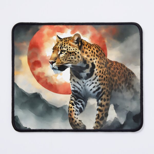 Item preview, Leopard walking against red sun, clouds and halo background wild animal designed and sold by Meena-tta.