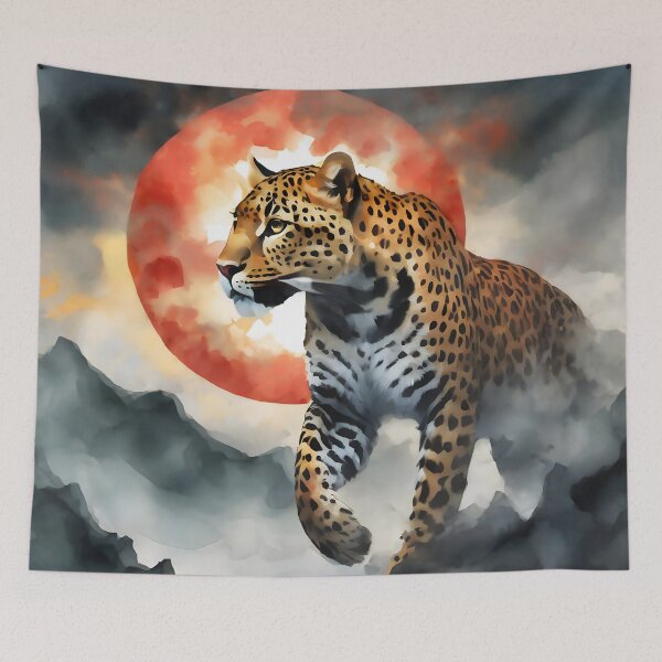 Item preview, Leopard walking against red sun, clouds and halo background wild animal designed and sold by Meena-tta.