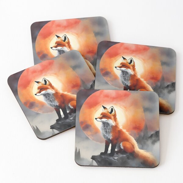 Item preview, Fox standing against red sun, clouds and halo background wild animal designed and sold by Meena-tta.