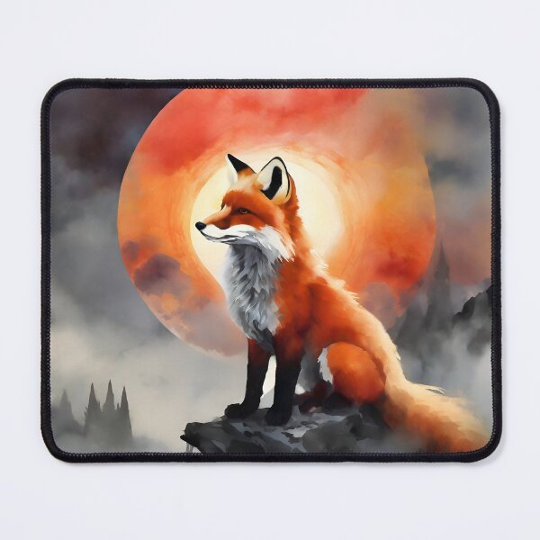 Item preview, Fox standing against red sun, clouds and halo background wild animal designed and sold by Meena-tta.