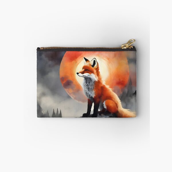 Item preview, Fox standing against red sun, clouds and halo background wild animal designed and sold by Meena-tta.