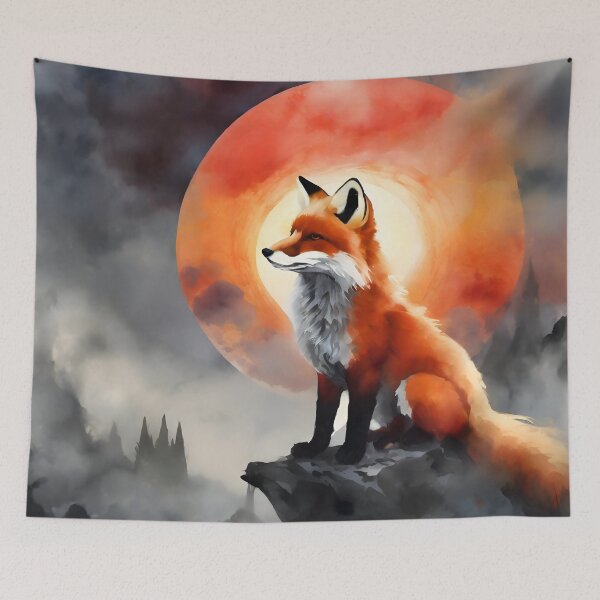 Item preview, Fox standing against red sun, clouds and halo background wild animal designed and sold by Meena-tta.