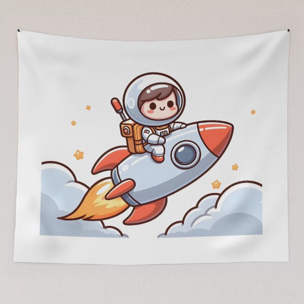 Aperçu de l'œuvre Kawaii Space Explorer chevauchant une fusée avec un costume d'astronaute créée et vendue par CanvasCutie.