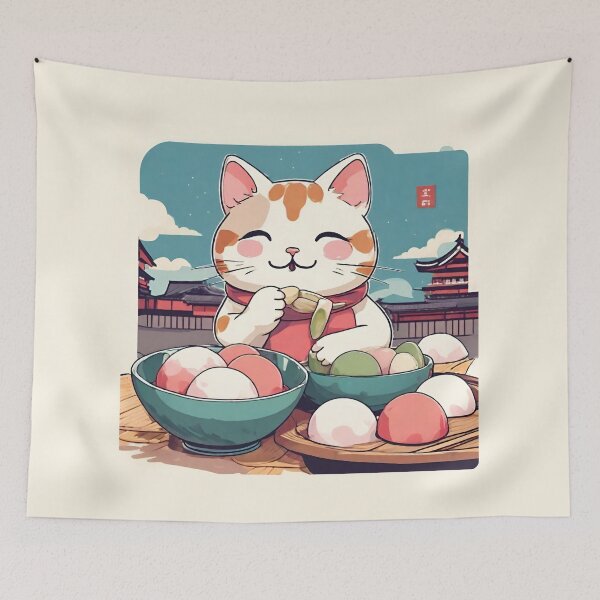 Item preview, Super Cute and Adorable Cat Eating Mochi Japan Kawaii | Japanese food Mochi Tokyo designed and sold by SimpleCosyLifee.