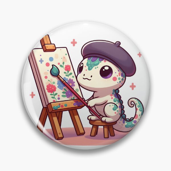 Item preview, Kawaii Bubbly Basilisk With A Beret Painting On An Easel designed and sold by CanvasCutie.