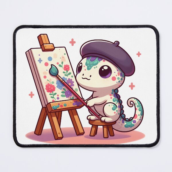 Item preview, Kawaii Bubbly Basilisk With A Beret Painting On An Easel designed and sold by CanvasCutie.