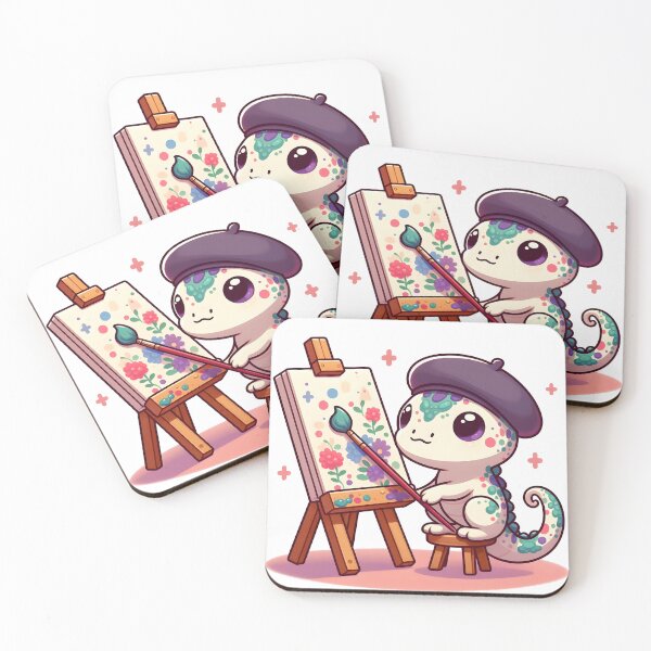 Item preview, Kawaii Bubbly Basilisk With A Beret Painting On An Easel designed and sold by CanvasCutie.