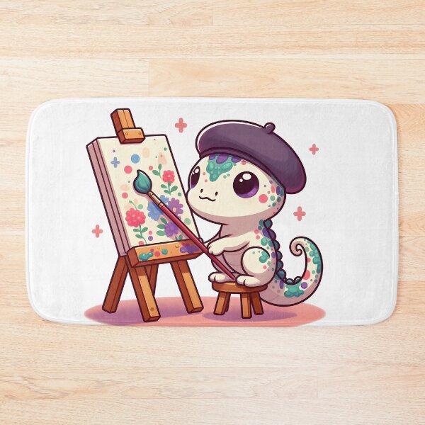 Item preview, Kawaii Bubbly Basilisk With A Beret Painting On An Easel designed and sold by CanvasCutie.