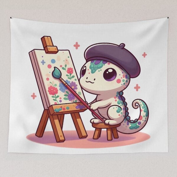 Item preview, Kawaii Bubbly Basilisk With A Beret Painting On An Easel designed and sold by CanvasCutie.