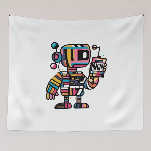Item preview, multicolored robot holding a pnone designed and sold by YuliaHulia.