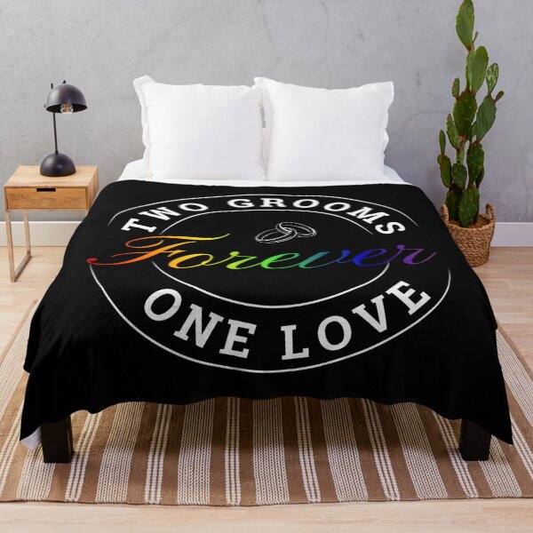 Item preview, Two Grooms One Love Forever Slogan, Wedding Rings Graphic with Rainbow Text, LGBTQ+ Honeymoon Couples tees,   designed and sold by PrideBeProud.