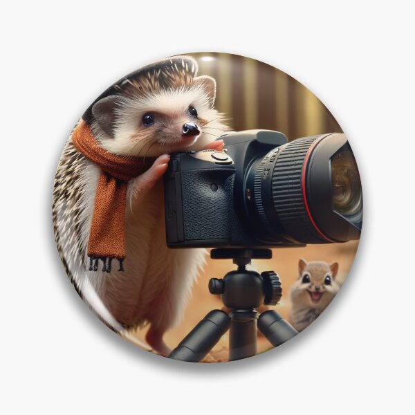 Item preview, Small hedgehog, dressed as a photographer with a tiny hat and a scarf around its neck designed and sold by AndreaMart.