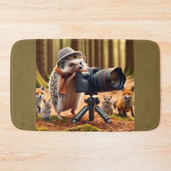 Item preview, Small hedgehog, dressed as a photographer with a tiny hat and a scarf around its neck designed and sold by AndreaMart.