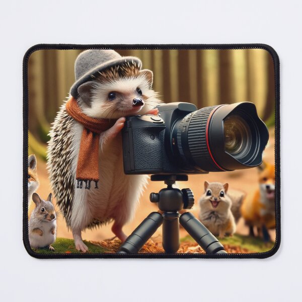 Item preview, Small hedgehog, dressed as a photographer with a tiny hat and a scarf around its neck designed and sold by AndreaMart.