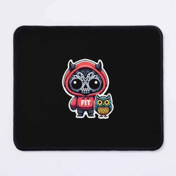 Item preview, a cute demon, wearing a red hoodie saying "fit"and next him a sugar cute owl, day of the dead owl designed and sold by MrDarkRealm.