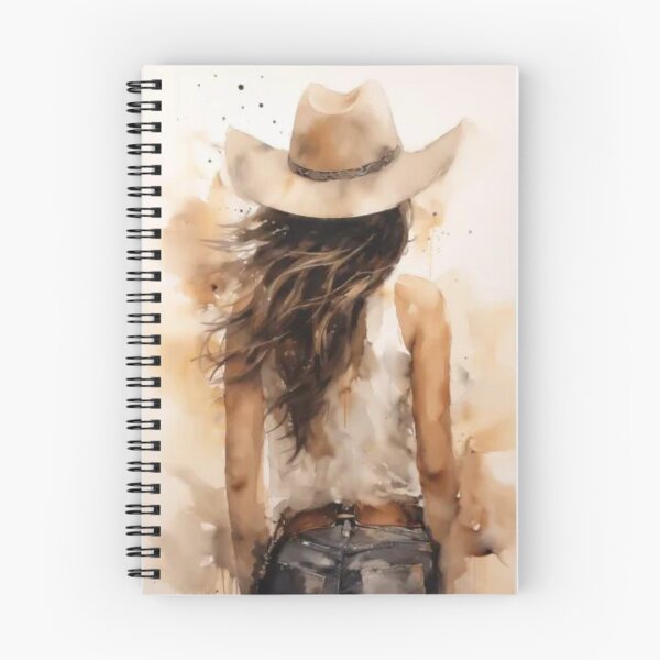 Item preview, Watercolour image of a western cowgirl wearing a cowgirl hat, white singlet & jeans - back view designed and sold by PrettyPinkSkies.