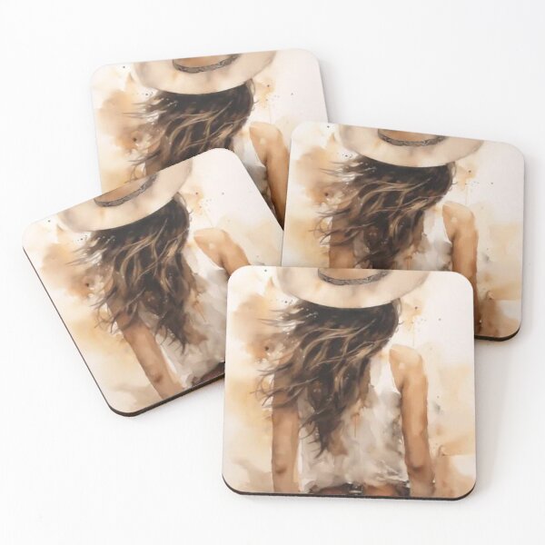Item preview, Watercolour image of a western cowgirl wearing a cowgirl hat, white singlet & jeans - back view designed and sold by PrettyPinkSkies.