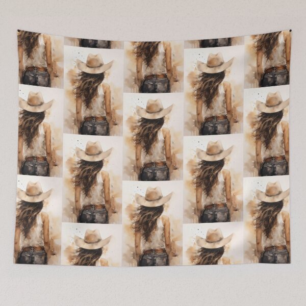 Item preview, Watercolour image of a western cowgirl wearing a cowgirl hat, white singlet & jeans - back view designed and sold by PrettyPinkSkies.