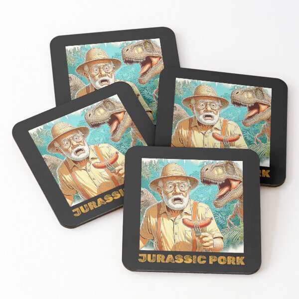 Item preview, Jurassic Pork, Sausage on a Fork. Old Man In Jungle with Dinosaurs (t-rex) designed and sold by Get-Forked.