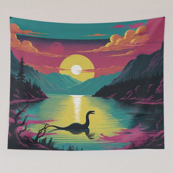 Item preview, Loch Ness Monster in Scotland Lake with Sunset, Mountains, Trees, Clouds designed and sold by Sarcastic Narwhal.