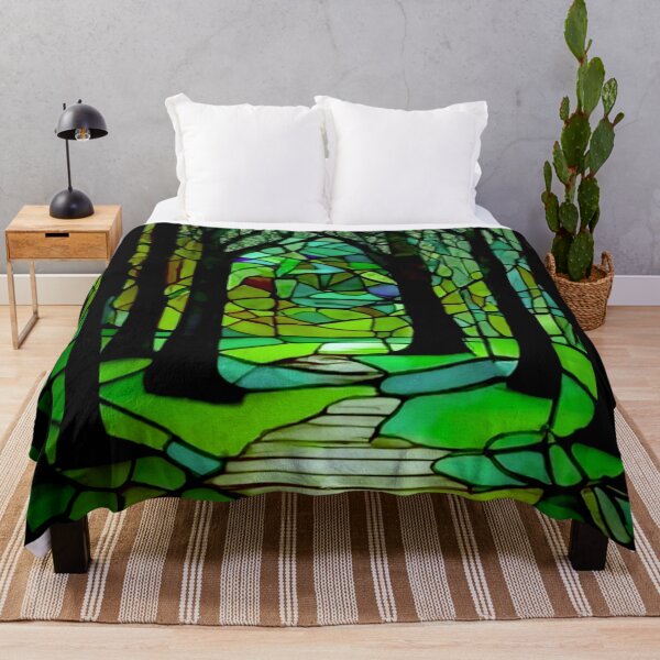 Item preview, Stained Glass Forest Tapestry Bright colors batik style image home decor Trees in green colorful hand painted art design Dead Head gift designed and sold by AuroraXGreen.