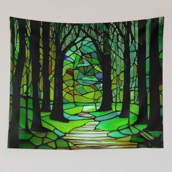 Item preview, Stained Glass Forest Tapestry Bright colors batik style image home decor Trees in green colorful hand painted art design Dead Head gift designed and sold by AuroraXGreen.