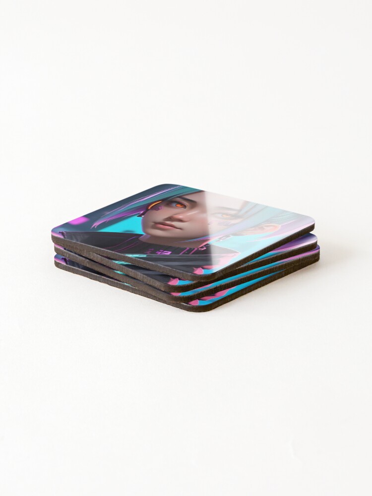 Thumbnail 4 of 5, Coasters (Set of 4), Cyberpunk Anime Female Portrait (Spring Edition) designed and sold by papi1998.