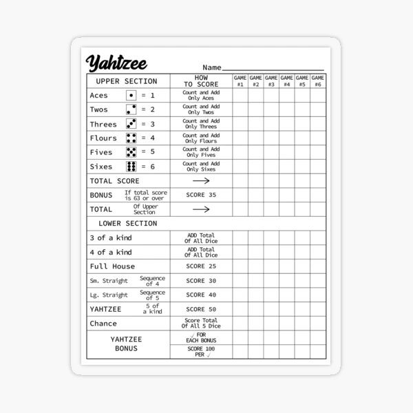 yahtzee-score-card-sticker-for-sale-by-mylecm-redbubble for Printable Yahtzee Score Sheets Free Yahtzee score card