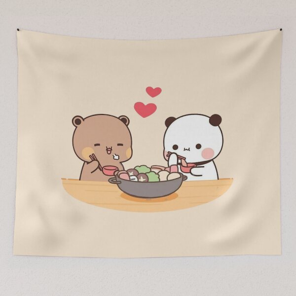 Aperçu de l'œuvre Bubu Dudu Panda et Brownie Bear Couple mangeant 2024 créée et vendue par BlueSkylineArts.
