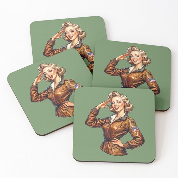 Item preview, WW2 Pinup girl in leather jacket saluting designed and sold by Bombergirls.