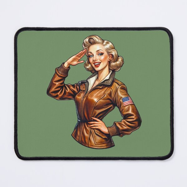 Item preview, WW2 Pinup girl in leather jacket saluting designed and sold by Bombergirls.