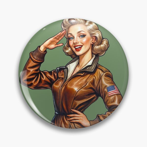 Item preview, WW2 Pinup girl in leather jacket saluting designed and sold by Bombergirls.