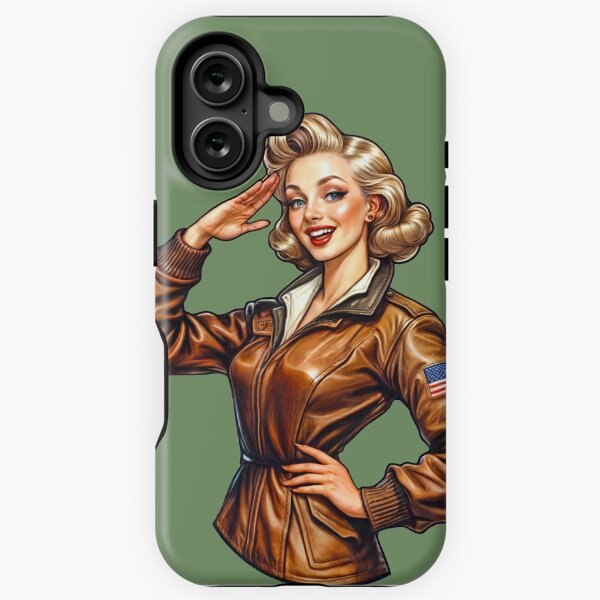 Item preview, WW2 Pinup girl in leather jacket saluting designed and sold by Bombergirls.