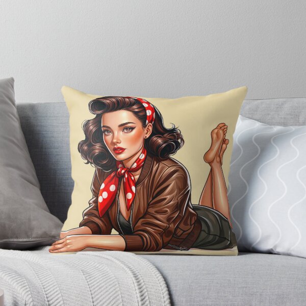 Item preview, WW2 Pinup rockabilly girl wearing leather bomber jacket and red polka dot scarf designed and sold by Bombergirls.