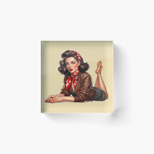 Item preview, WW2 Pinup rockabilly girl wearing leather bomber jacket and red polka dot scarf designed and sold by Bombergirls.