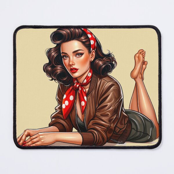 Item preview, WW2 Pinup rockabilly girl wearing leather bomber jacket and red polka dot scarf designed and sold by Bombergirls.