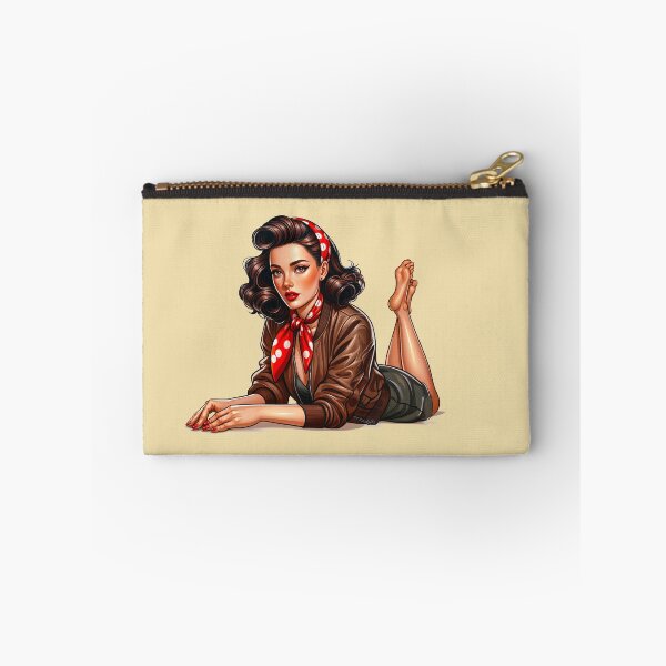 Item preview, WW2 Pinup rockabilly girl wearing leather bomber jacket and red polka dot scarf designed and sold by Bombergirls.