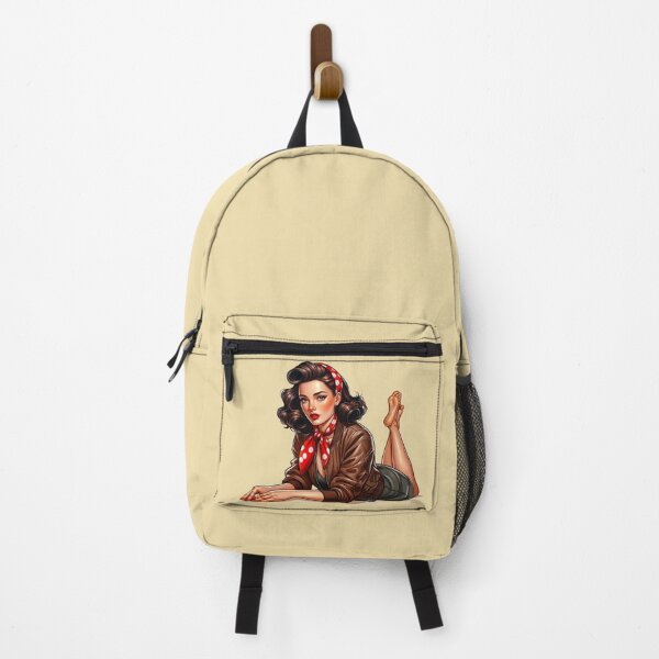 Item preview, WW2 Pinup rockabilly girl wearing leather bomber jacket and red polka dot scarf designed and sold by Bombergirls.