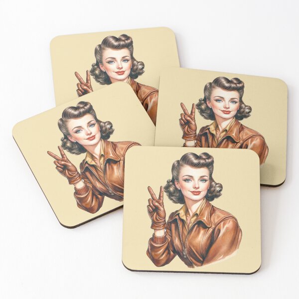 Item preview, WW2 pinup girl wearing leather bomber jacket giving peace victory symbol designed and sold by Bombergirls.