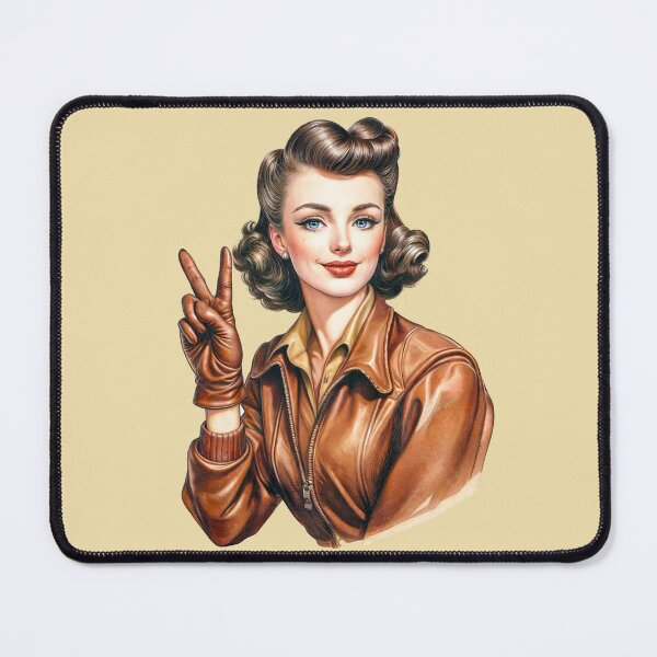 Item preview, WW2 pinup girl wearing leather bomber jacket giving peace victory symbol designed and sold by Bombergirls.